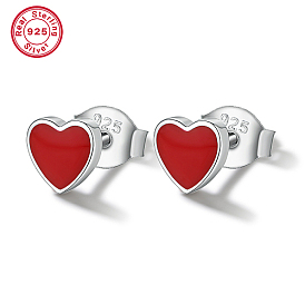 Rhodium Plated 925 Sterling Silver Heart Stud Earrings with Red Enamel, with 925 Stamp
