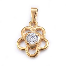 304 Stainless Steel Pendants, with Cubic Zirconia, Flower