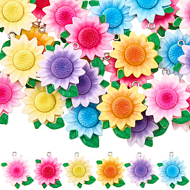 36Pcs 6 Colors Opaque Resin Pendants, Sunflower, with Platinum Tone Loop