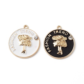 Alloy Rhinestone Pendants, with Enamel, Flat Round with Women Charms