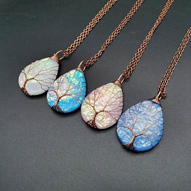 Larme avec collier pendentif en résine d’arbre, collier enveloppé de fil de cuivre