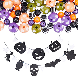 Olycraft Halloween Party Decoration Making Kit, Including Wood Beads, Ghost Woven Fabric & Pumpkin Owl Skull Bat Felt Hanging Pendants