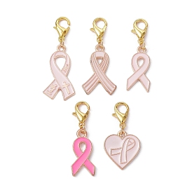 Breast Cancer Awareness Alloy Enamel Pendant Decoration, with Zinc Alloy Lobster Claw Clasps