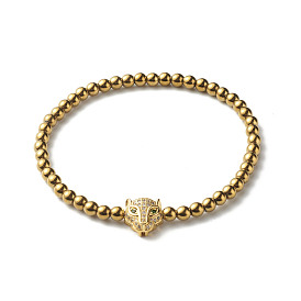Energy Power Non-magnetic Synthetic Hematite Stretch Bracelet for Men Women, Leopard Brass Micro Pave Cubic Zirconia Beads Bracelet