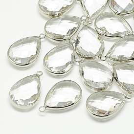 Brass Glass Pendants, Faceted, Drop, Platinum
