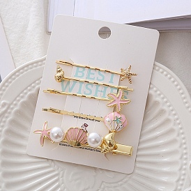 Conch/Starfish/Shell Shape Alloy Hair Bobby Pin Sets, with Rhinestone and Plastic Imitation Pearl and Enamel