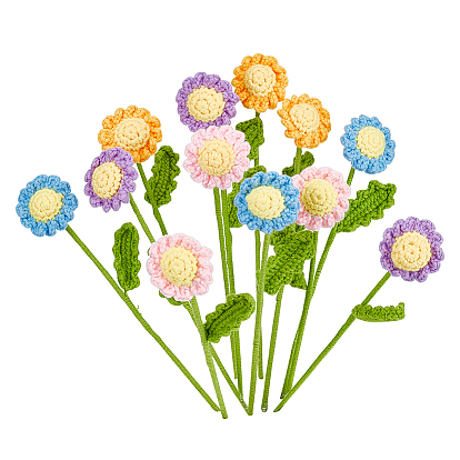 12Pcs 4 Colors Crochet Cotton Flower Ornaments with Iron Wire, Artificial Flower, for Wedding Home Decorations