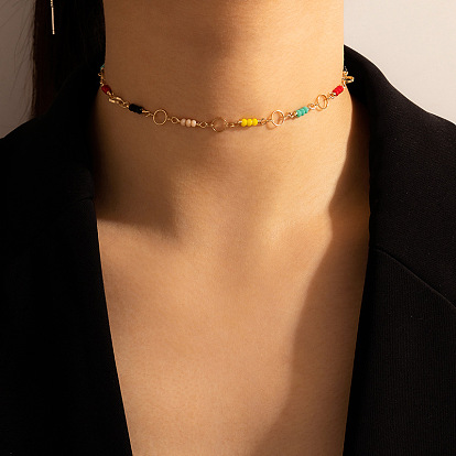 Bohemian Style Minimalist Necklace with Multi-Colored Beaded Geometric Circle Pendant