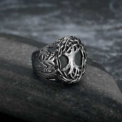 Retro 316 Stainless Steel Tree of Life Finger Rings, Wide Band Rings