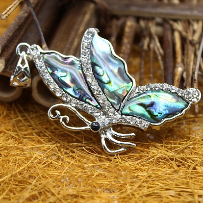 Natural Shell Pendants, Metal Rhinestone Finding, Butterfly