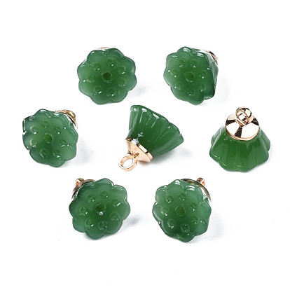 Imitation Jade Glass Charms, with Light Gold Plated Brass Findings, Seedpod of the Lotus