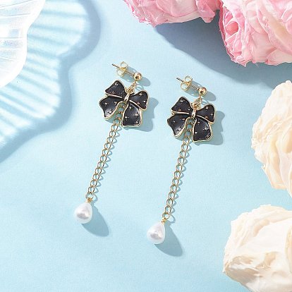 Серьги-гвоздики с бантом из эмалевого сплава, с подвесками из пластика имитация жемчуга, золотые