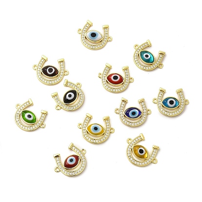Rack Plating Real 18K Gold Plated Brass Micro Pave Clear Cubic Zirconia Connector Charms, Horseshoe Links, with Handmade Evil Eye Lampwork, Cadmium Free & Lead Free, Long-Lasting