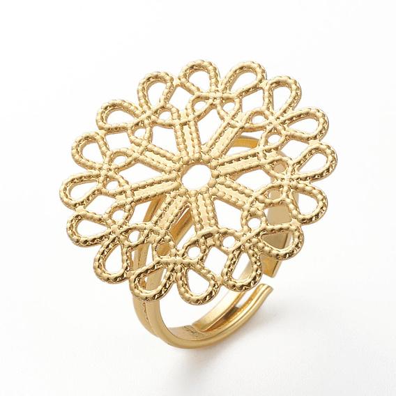 Brass Filigree Ring Settings, Long-Lasting Plated, Flower