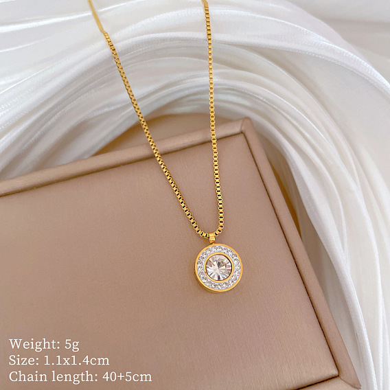 304 Подвеска-колье из нержавеющей стали с плоскими круглыми фианитами, инкрустированная прозрачными кубическими циркониями, для женщин, ионное покрытие (ip), долговечный