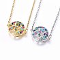 304 Stainless Steel Pendant Necklaces, with Cubic Zirconia, Colorful, Flat Round with Life Tree