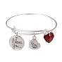 Mother's Day Adjustable Silver Plated Brass Charm Bangles Expandable Bangles, with Alloy and Glass Pendants, 64mm