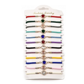 12Pcs 12 Colors Polyester Bracelets, Glass Links & Brass Micro Pave Cubic Zirconia Findings for Women, Flat Round