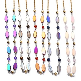 304 Stainless Steel Beaded Necklaces, with Faceted Oval Glass Beads and Natural Gemstone Round Beads, Golden, Mixed Color