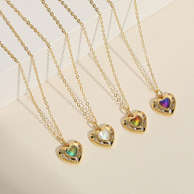 Sparkling Heart Zircon Necklace with Cat Eye Stone Pendant - Elegant 14K Gold Collarbone Chain for Unique Style