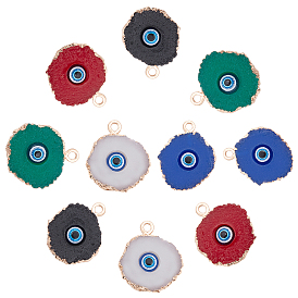 Druzy Resin Pendants, with Edge Light Gold Plated Iron Loops, Flat Round with Evil Eye
