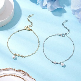 Латунные кабельные цепи браслеты, браслеты с поперечными связями для женщин, с жемчугом из раковины 