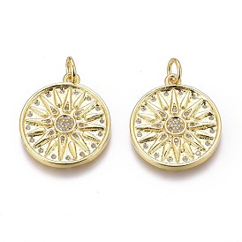 Brass Micro Pave Clear Cubic Zirconia Pendants, Long-Lasting Plated, Flat round with Flower