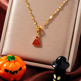 Stainless Steel Enamel Halloween Broom Pendant Dapped Chain Necklaces, Golden