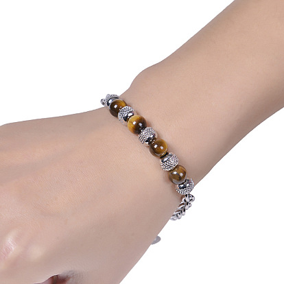Bracelet en perles d'acier inoxydable pour hommes, pierre naturelle d'oeil de tigre