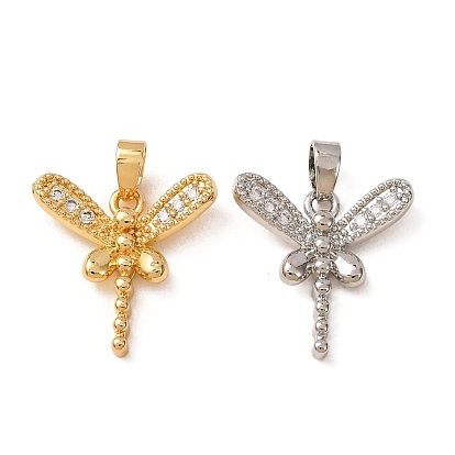 Brass Micro Pave Clear Cubic Zirconia Pendants, Dragonfly Charms