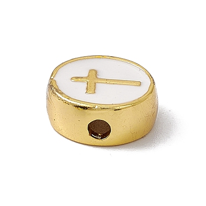 Real 18K Gold Plated Brass Enamel Beads, Long-Lasting Plated, Cadmium Free & Lead Free, Flat Round with Cross