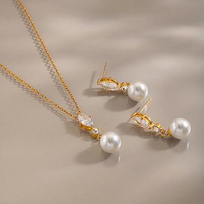 304 Stainless Steel Micro Pave Clear Cubic Zirconia Horse Eye Pendant Necklaces, with White Round Imitation Pearls