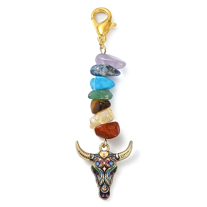 Alloy Ox-Head Shape Enamel Pendants Decorations, with Alloy Lobster Claw Clasps and Chakra Gemstone Chip Beads