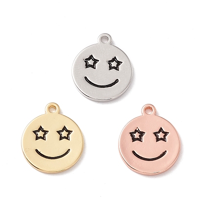 Rack Plating Eco-friendly Brass Pendants, Cadmium Free & Lead Free, Flat Round with Smiling Face