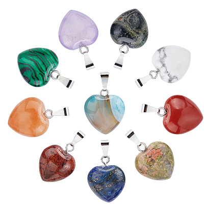 10Pcs 10 Style Natural & Synthetic Gemstone Pendants, with Platinum Brass Loops, Heart