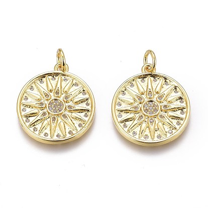 Brass Micro Pave Clear Cubic Zirconia Pendants, Long-Lasting Plated, Flat round with Flower