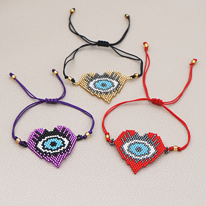 Miyuki Seed Braided Bead Bracelet, Heart with Evil Eye Protection Lucky Bracelet for Women