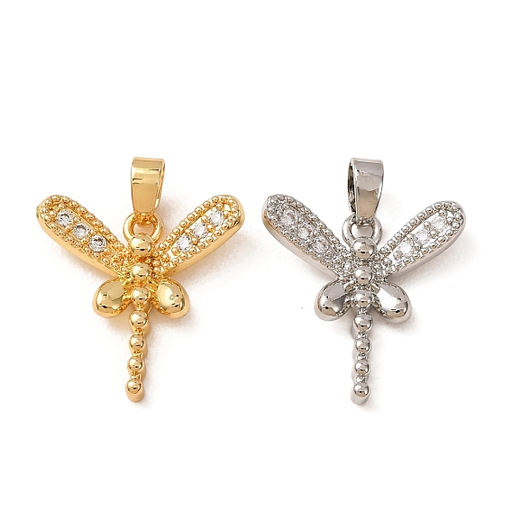 Brass Micro Pave Clear Cubic Zirconia Pendants, Dragonfly Charms