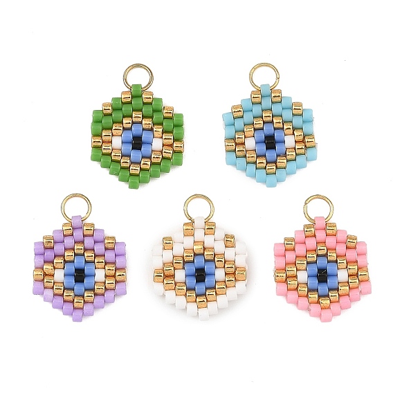 Glass Seed Beaded Pendants, Hexagon & Evil Eye Charms, with 304 Stainless Steel Open Jump Rings