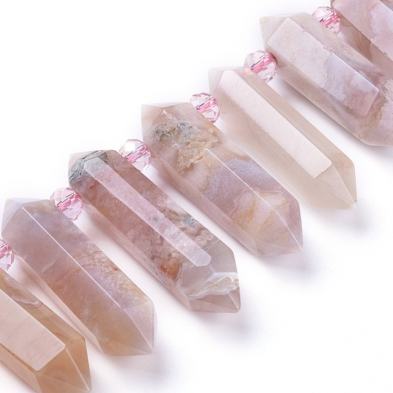 Hebras de cuentas naturales de ágata flor de cerezo, cuentas perforadas superiores, con perlas de vidrio, facetados, punto de doble terminación