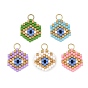 Glass Seed Beaded Pendants, Hexagon & Evil Eye Charms, with 304 Stainless Steel Open Jump Rings