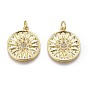 Brass Micro Pave Clear Cubic Zirconia Pendants, Long-Lasting Plated, Flat round with Flower