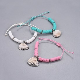 Eco-Friendly Korean Waxed Polyester Cord Braided Bracelets, with Polymer Clay Heishi Beads, Shell and Brass Findings