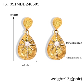 Titanium Steel Teardrop Stud Earrings, with Imitation Pearl and Cubic Zirconia, for Women