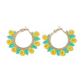 Glass Seed Beads Sunflower Hoop Earrings, with Iron Huggie Hoop Earring Findings, Golden