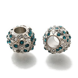 Rack Plating Alloy European Beads, with Rhinestone, Lead Free & Cadmium Free, Large Hole Beads, Round with Flower Pattern