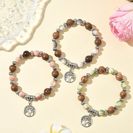 3Pcs 3 Colors Flat Round with Tree of Life Alloy Charm Bracelets, Wood Beads & Baking Paint Synthetic Turquoise Beaded Stretch Bracelet Sets for Men Women