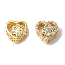 Heart with Paw Print Pattern Rack Plating Brass Micro Pave Cubic Zirconia European Beads, Large Hole Beads, Cadmium Free & Lead Free, Long-Lasting Plated, Real 18K Gold Plated