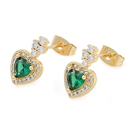 Brass Micro Pave Clear Cubic Zirconia Studs Earring for Women, Heart, Green