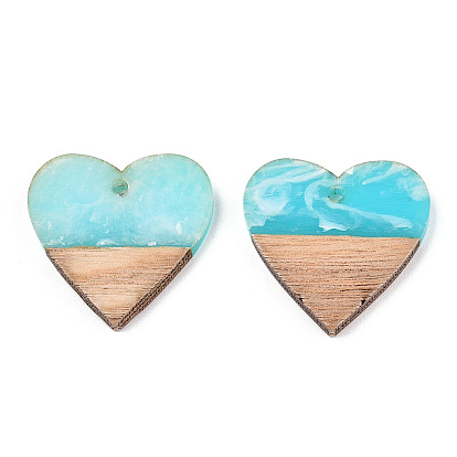 Transparent Resin & White Wood Pendants, Two Tone, Heart Charms